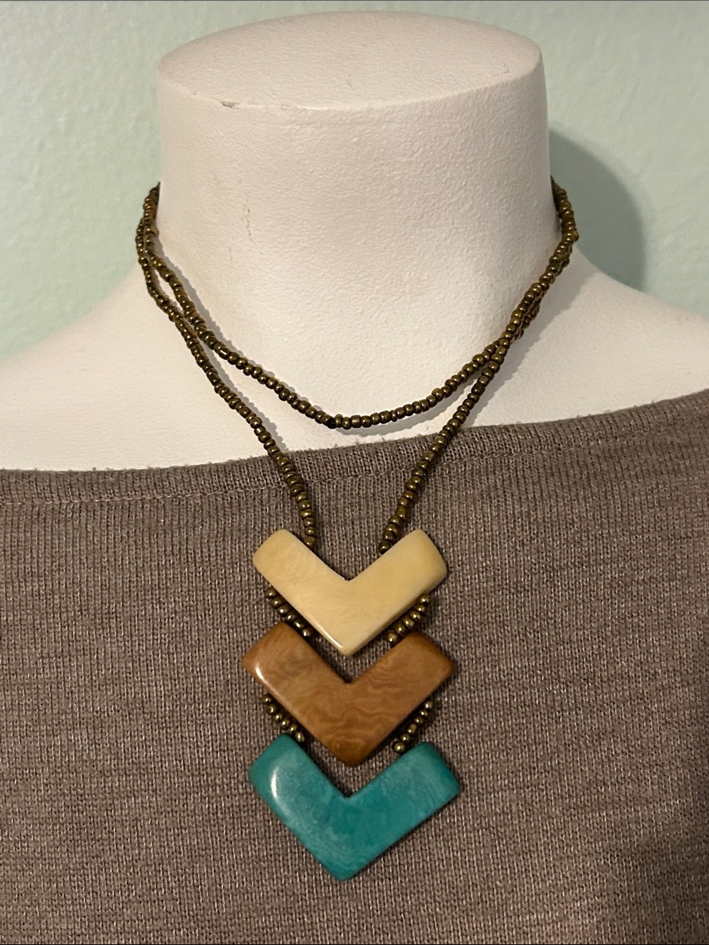 lucite Chevron Pendant Necklace with Cream, Brown and Teal Accents